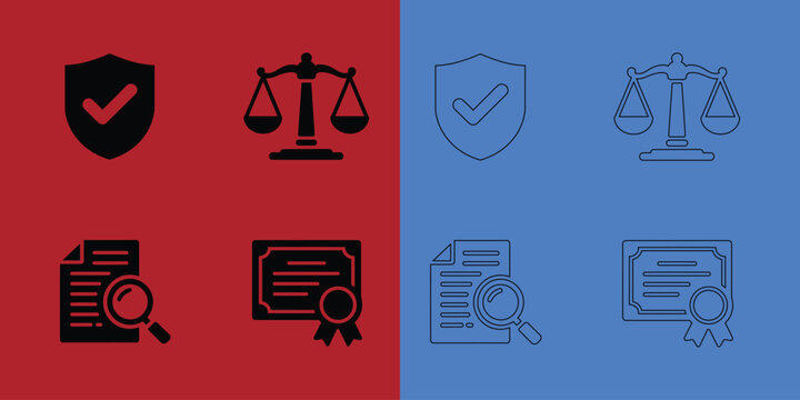 Legal compliance and document verification featuring shields, scales, magnifying glass, and certificates in style