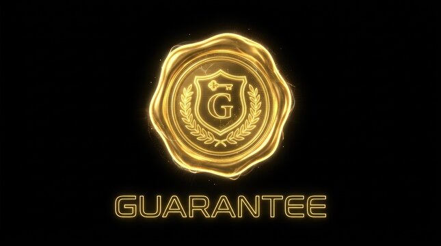Golden Guarantee Seal Emblem with Glowing Key and G, Premium Quality Security Assurance