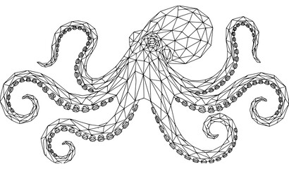 Low Poly Geometric Octopus Wireframe Illustration with Polygon Mesh Marine Sea Creature Design © Boloram