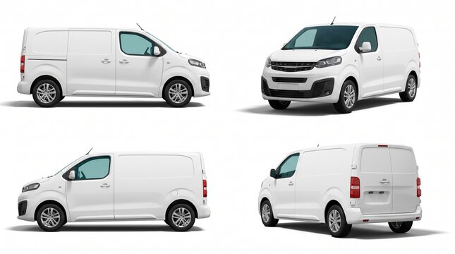 White Commercial Delivery Van Mockup Isolated on White Background - 4 Views