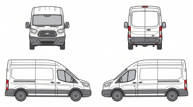 White Delivery Van Template - Front, Back, and Side Views for Vehicle Branding