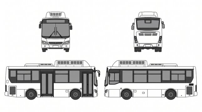 Modern City Passenger Bus Vector Template with Front, Rear, and Side Views