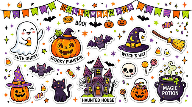 Cute cartoon halloween sticker collection with ghosts pumpkins and haunted house