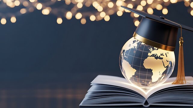Graduation cap with gold tassel on a glowing glass globe resting on an open book against a dark background, with soft golden, bokeh light effects