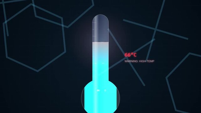 Digital thermometer displays temperature with abstract network graphics.