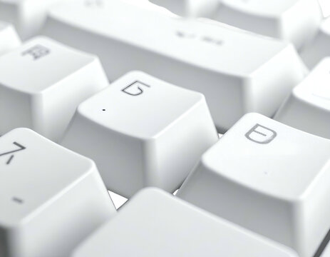 Macro shot of white computer keyboard keys with non-Latin characters and symbols