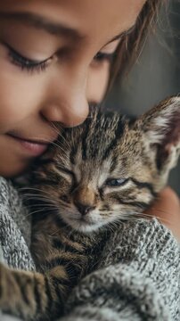 A sweet child lovingly embraces a sleepy kitten, highlighting the deep bond between humans and pets. The intimate portrait exudes feelings of trust, innocence, and happiness