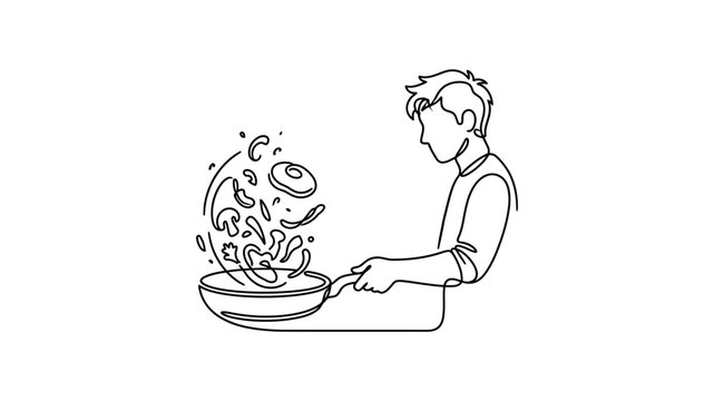 A continuous line art vector of a man tossing and cooking vegetables in a frying pan.