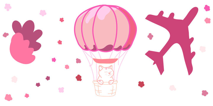 Cute cat in a pink hot air balloon with airplane and flowers vector illustration isolated on transparent or white background, png