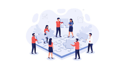 Fototapeta premium Teamwork and collaboration concept: People assembling a puzzle, symbolizing strategy, problem-solving, and business success.