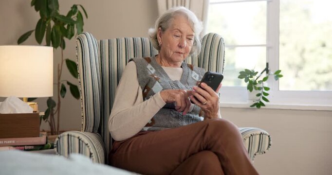 Elderly, woman or medication with phone for research, telehealth app or medical advice in home. Senior, female person or reading with pills or smartphone for side effects, info or symptoms in house