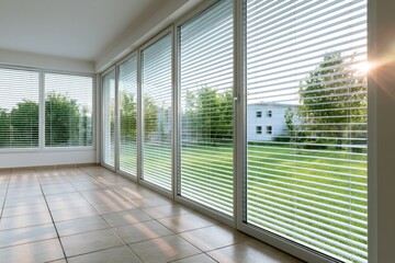 Fototapeta premium Sunlit Sunroom with Large Windows and Green Lawn View.