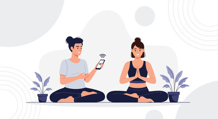 Obraz premium Two people practicing yoga together, one using a smartphone app for guided meditation and mindfulness.