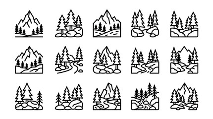 Minimalist Mountain and Forest Line Art Icons Set © Heru