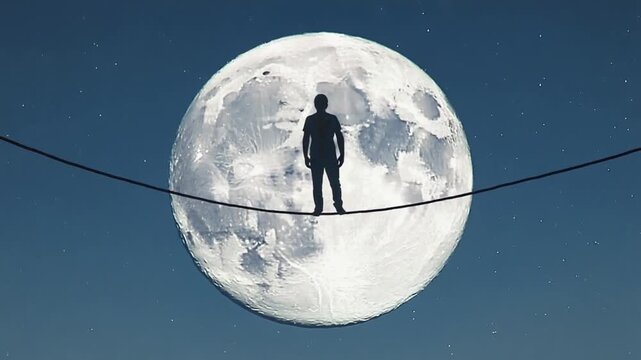 Tightrope walker with the moon in the background.