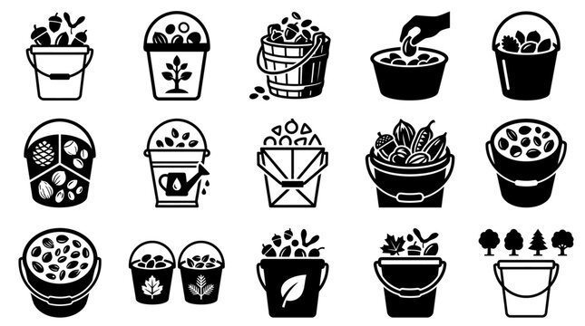 Collection of Buckets Filled with Autumn Harvest Icons: Nuts, Acorns, Pinecones, Leaves, Cacao