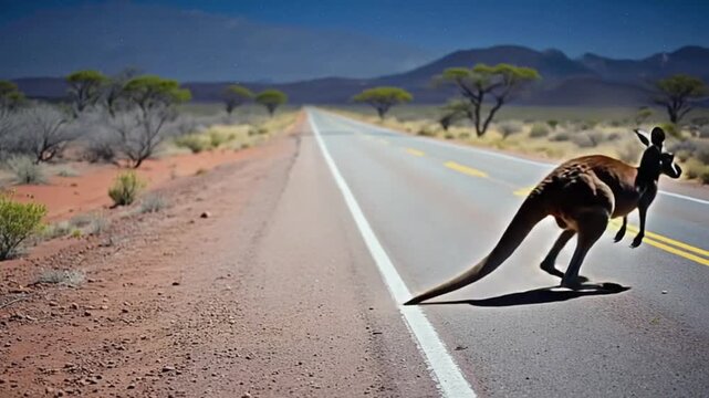 Kangaroo in the middle of a road.