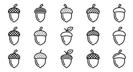 Set of 15 stylized acorn icons in a simple outline drawing style, various patterns © Jembot