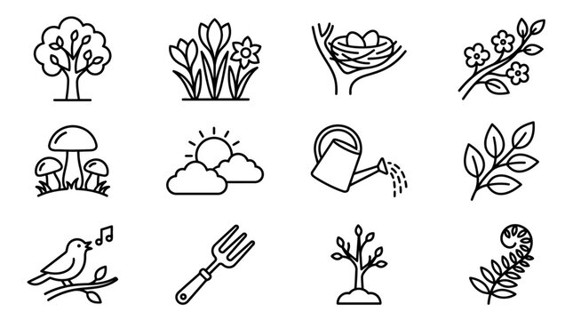 Spring Icons: Tree, Flowers, Nest, Watering Can, Bird, Sapling, Nature Symbols
