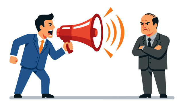 Confident employee confronting a stern boss with a powerful red megaphone, vivid flat vector illustration of workplace disagreement, assertive communication, authority, protest, and corporate tension