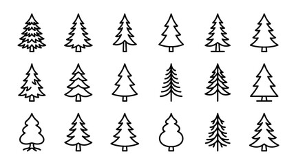 Obraz premium Collection of stylized evergreen trees, simple line art icons, white background