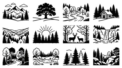Fototapeta premium Nature Landscape Vector Icons: Mountains, Forest, River, Cabin, Deer, Waterfall