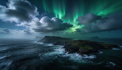 Fototapeta premium Showing rocky peninsula and waves crashing against steep cliffs at night, aurora streaking