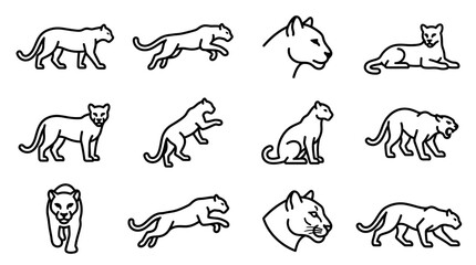Set of Panther Icons: Line Art Silhouettes of Big Cats in Various Poses © Jembot