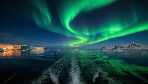 Painting aurora forming green ribbons across night sky over water with boat wake and lit iceberg