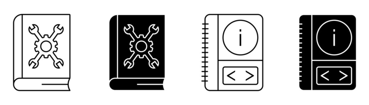 Title:
Technical Documentation, User Manual and Programming Guide Book Icon Set in Outline and Glyph Style for Software Development and IT Support