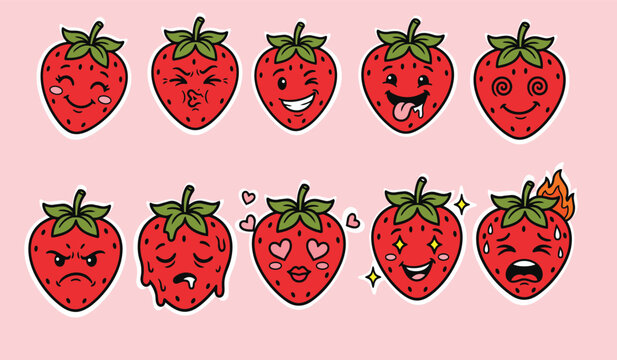 Adorable strawberry stickers collection with expression