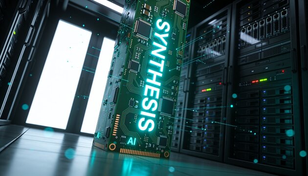 Glowing upright PCB labeled SYNTHESIS and AI, emitting teal data streams in data center corridor