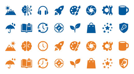 Fototapeta premium Diverse set of business and creative icons in solid blue and orange color variants.