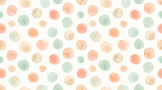 Seamless watercolor polka dot pattern with pastel peach and green circles.
