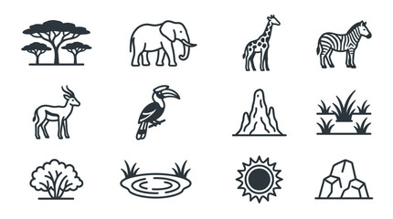 African Safari Icons Set: Elephant, Giraffe, Zebra, Trees, Animals, Nature © jual