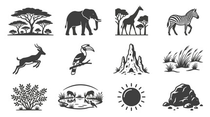 African Wildlife Silhouette Collection: Safari Animals, Trees, and Landscape Elements © jual
