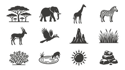 African Safari Icons: Silhouette Collection of Wildlife, Flora, and Landscape Elements © jual