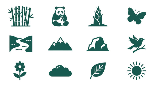 Nature Icons: Bamboo, Panda, Mountains, River, Flower, Sun, Butterfly, Bird, Leaf, Cloud, Rock