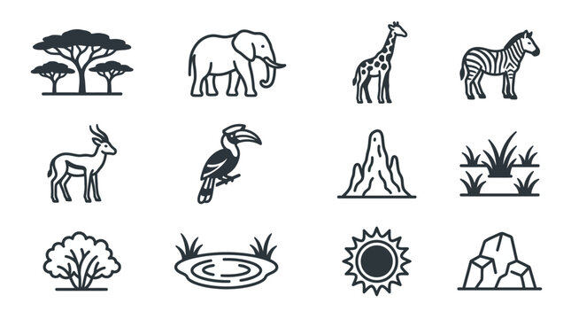 African Safari Icons Set: Elephant, Giraffe, Zebra, Trees, Animals, Nature