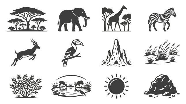 African Wildlife Silhouette Collection: Safari Animals, Trees, and Landscape Elements