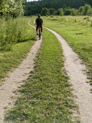 Obraz premium Person Riding Bicycle Along Dirt Country Road in Green Nature