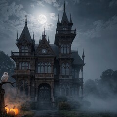 Obraz premium Eerie Gothic Mansion Under Moonlight with Owl and Pumpkin for Spooky Atmosphere