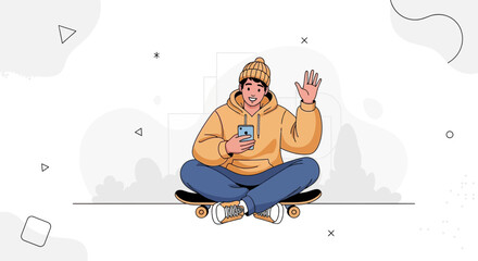 Obraz premium Young Man Waving Hello Holding Smartphone While Sitting on Skateboard, Modern Flat Design
