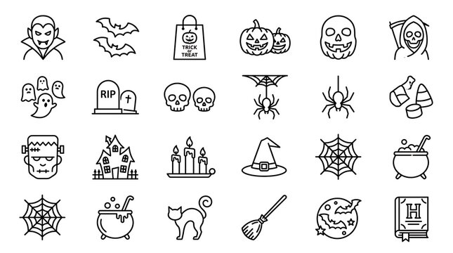 Set of hand drawn halloween theme line art icons with halloween, cauldron