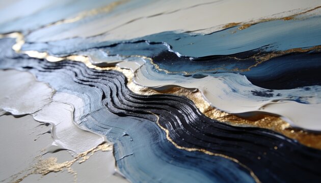 Displaying central textured impasto paint ridge on stretched canvas, catching light with gold leaf