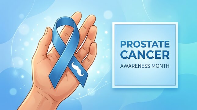 Prostate cancer awareness month hand holding blue ribbon with mustache, prostate