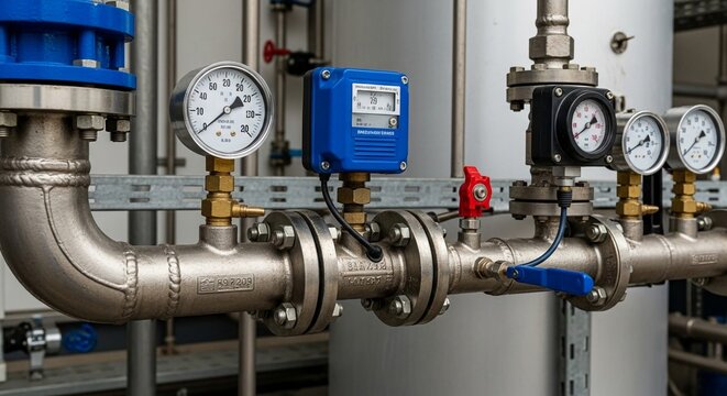 Industrial pipe system with pressure gauge, digital flowmeter, and red valve
