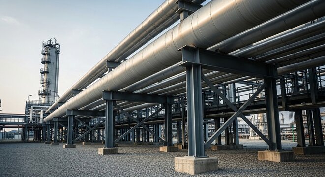 Industrial Refinery Pipes System of Large Diameter Steel Transporting Energy Across the Landscape