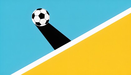 Obraz premium Sitting black-white soccer ball casting shadow on teal, white stripe and yellow plane, copy space