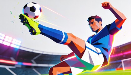 Fototapeta premium Kicking soccer player striking soccer ball in stadium in blue jersey white shorts neon green cleats